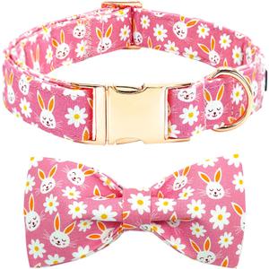 Easter Dog Collar-Pink Rabbit Adjustable Cute Pet Collar Soft Pink Flower Dog Collars with Bow Tie Holiday Cotton Metal Buckle Puppy Collar Gift for Large Dogs (Large (Pack of 1))
