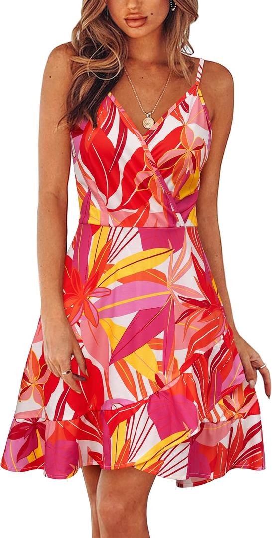 ULTRANICE Summer Dress Womens Spring 2025 Trendy Casual Wrap Flowy V Neck Adjustable Spaghetti Outfits Clothes Midi Sun Dresses(Colorful Banana Leaf,M) (Pink, M)