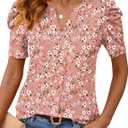 Rapbin Womens Summer Tops 2025 Puff Short Sleeve V Neck T Shirts Dressy Casual Spring Blouses for Women (Large, Pink White Floral)