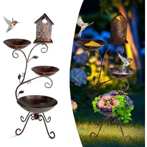 HONGLAND Bird Bath for Outside, 37" Antique Brass Metal Bird Bath Outdoors with Solar Lights, 4-in-1 Rust-Resistant Bird Feeder and House Combo, Detachable Flower Pots for Garden Yard Patio Decor (Brown)