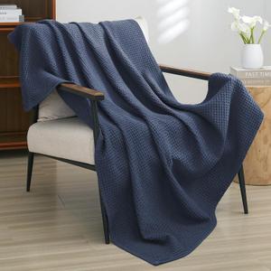 PHF Pre-Washed Cotton Waffle Weave Blanket Throw Size for Bed Couch,Snag Proof Spring Summer Lightweight Breathable,Oeko-TEX Certified,Machine Washable, Home Decor GiftDark Navy (Throw(50" x 60"))