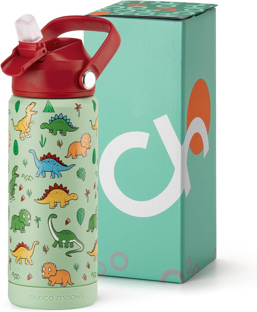 Choco Mocha Kids Water Bottle For School, Kids Insulated Dinosaurs Water Bottle Stainless Steel for Girls, 18Oz Red & Green