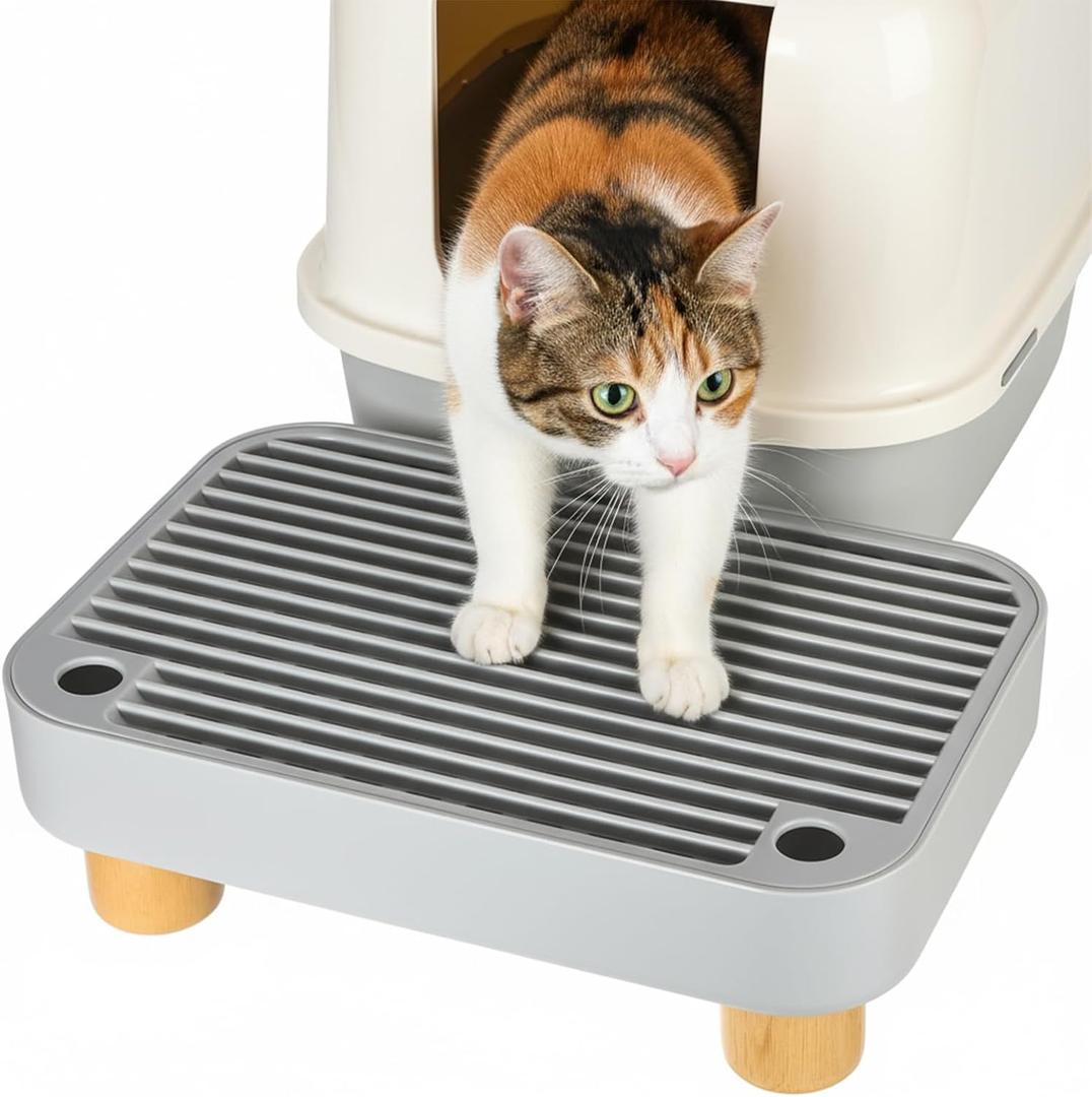 Litter Box Step Cat Litter Box Ramp Mat Cat Step Pedal Stool Catcher with Wooden Base Anti-Tracking & Easy to Clean Waterproof for Kitten & Elderly Cats