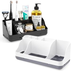 Bathroom Counter Organizer and Storage, 7 Slots Detachable Toothbrush Holders for Bathrooms, Anti-Slip Electric Toothbrush and Toothpaste Holder Countertop Vanity Organizer Accessories for Adults Kids (Whitegrey + Black)