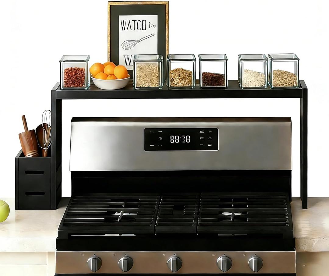 Over The Stove Shelf Wooden,Bamboo Spice Rack for Above the Kitchen Hob,31.5-inch Spice Storage Rack,Height-Adjustable, 50-pound Weight Capacity, Easy to Assemble (Black)