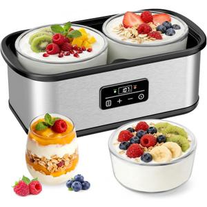 Adjustable Temp & Time Yogurt Maker with Auto Shut-Off, Constant Fermentation, with Two 1-Quart Glass Bowls for Homemade Probiotic Yogurt
