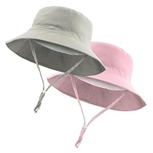 Windproof Lightweight Baby Sun Hat - UPF 50+ Bucket Hat with Wide Brim | Adjustable Strap&Chin Tie, Foldable for Beach, Hiking 0-7years Pink-Beige