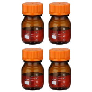PATIKIL 4 Pack Reagent Media Storage Bottles, 100ml Borosilicate Glass Graduated Round Bottles with Orange GL32 Screw Cap for Lab Water Reagent Liquids, Amber