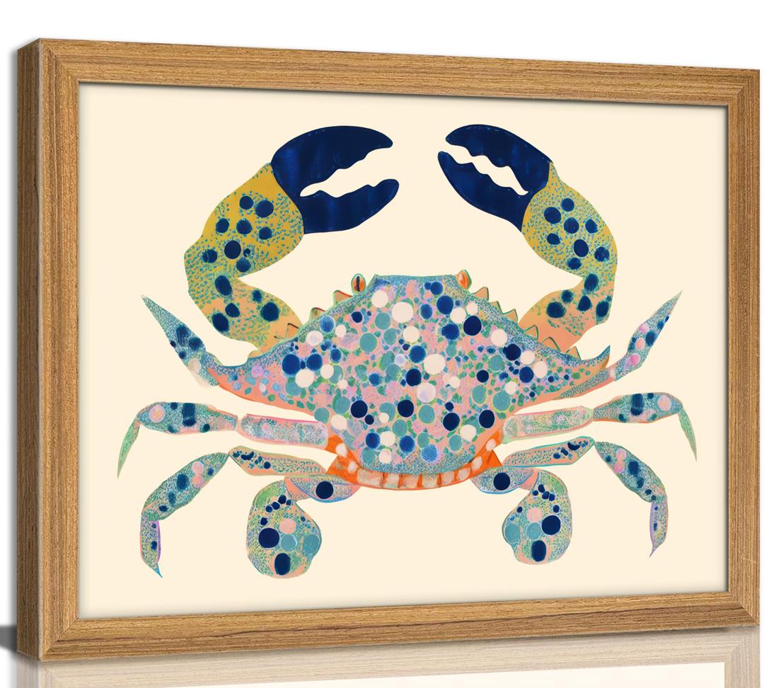 UAWRL Solid Wood Framed Watercolor Blue Coastal Crab Canvas Wall Art 24x16