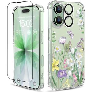 for iPhone 17 Case,[3 in 1] with Screen Protector & Camera Lens Protector, Flower Pattern Design,Clear Soft Shockproof Slim Floral Phone Cover for Women Girls 2025 6.3" (Lotus Summer)