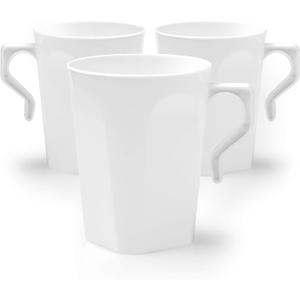 Ilyapa 50 Plastic Coffee Cups with Handles, 8 oz White - Disposable or Reusable Mug Pack