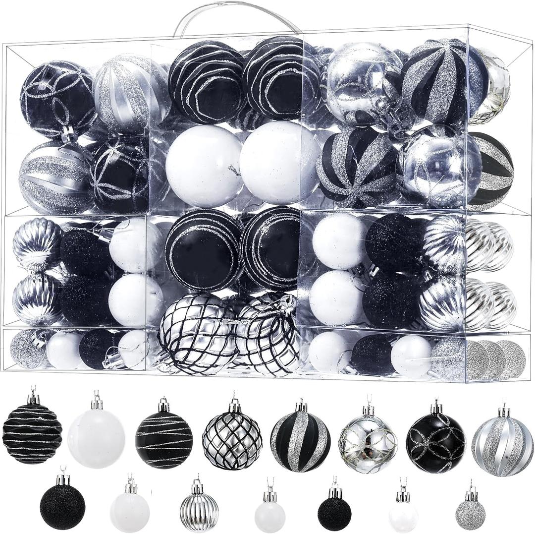 100PCS Shatterproof Christmas Ball Ornaments Set, Premium Xmas Tree Decorations for Family with Kids & Pets, Multi-Size Mix for Large Tree, Wreath, Garland & Home Decor, Black White
