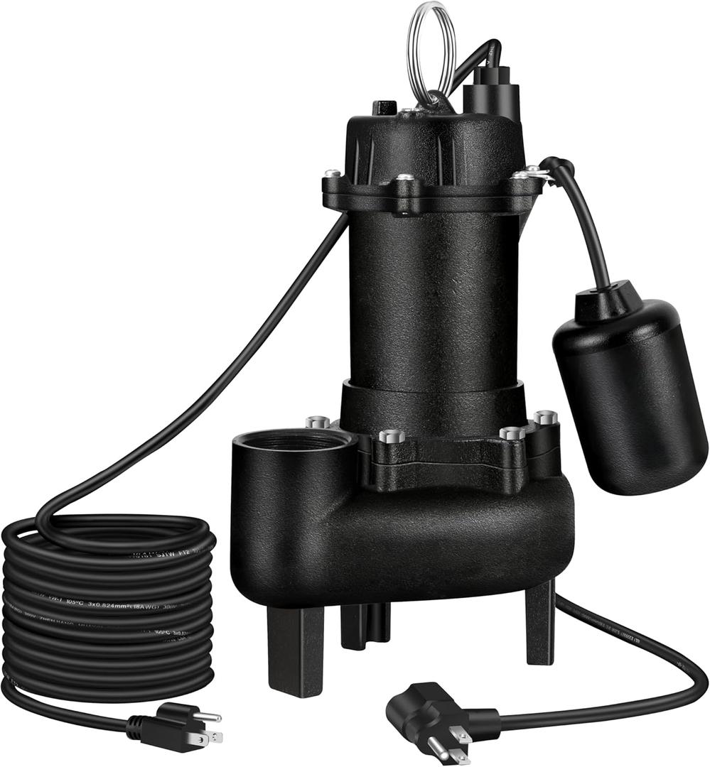 110V 1HP 5220GPH Cast Iron Sewage/Effluent Pump with Ajustable Automatic Float Switch, Sump Pump Submersible for Basement Septic Residential-Sewage, 2" NPT Discharge, ETL Listed