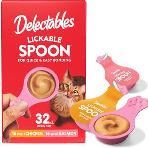 Hartz Delectables Lickable Spoon Handheld Wet Cat Treats Made with Real Chicken & Salmon, Quick & Easy Creamy Puree, Mess Free, Grain-Free, No Added Fillers, No by-Products, Variety Pack, 32ct (EXP 12/10/26)