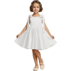 Satin Flower Girl Dress for Wedding A-Line Ribbon Straps Ball Gowns Sleeveless Princess Birthday Short Dress (8, White)