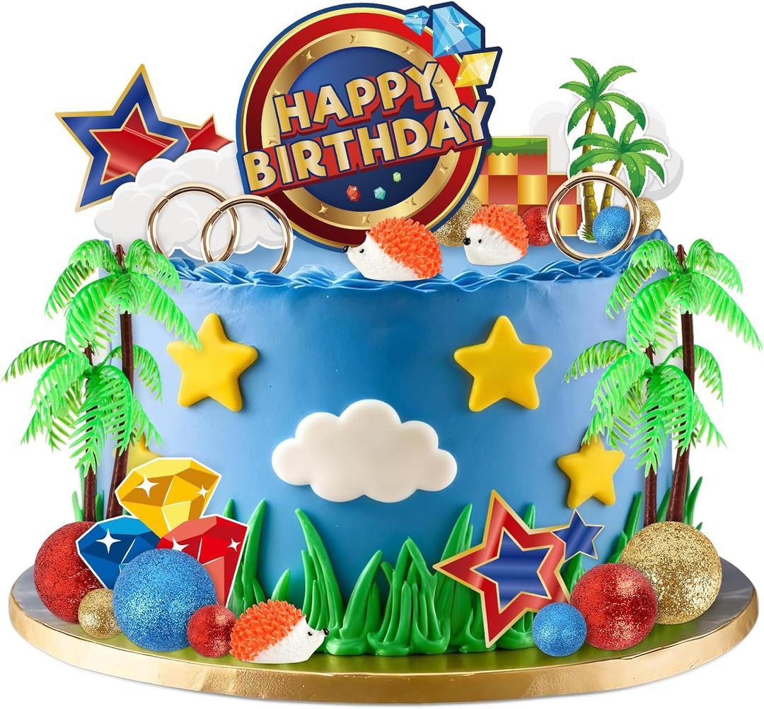 28 Pcs Hedgehog Cake Toppers Blue Cartoon Themed Birthday Cake Decoration with Hedgehogs Palm Trees Stars Rings Animals Cupcake Toppers for Boys Girls Kids Birthday Party Supplies