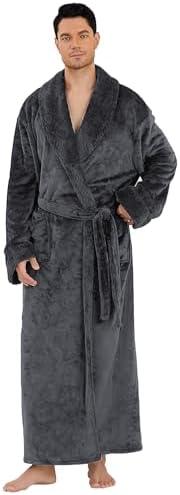 Hellomamma Mens Long Plush Robe: Fleece Bathrobe with Pocket Big and Tall Full Length Man House Coat for Winter Home XL, Gray