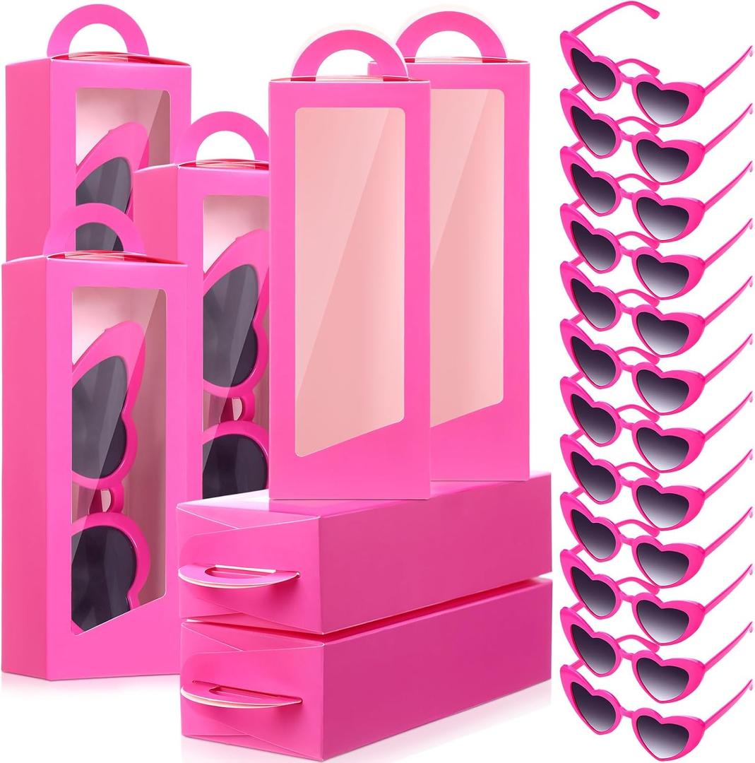 Resurhang 24 Pcs Pink Party Favor Boxes Doll Gift Boxes Include 12 Pink Goodie case 12 Heart Sunglasses for Birthday Party Supplies, 1 Count