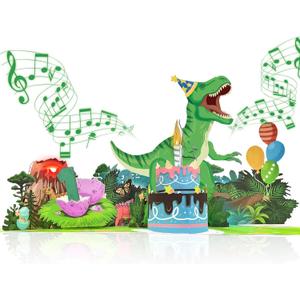 3D Greeting Pop Up 1st Birthday Card with light and music, dinosaur card For Boy, Nephew, Grandson, Son, Toddler, with Envelope, Message Card - Open it play: plays hit song 'Happy Birthday' (1st)