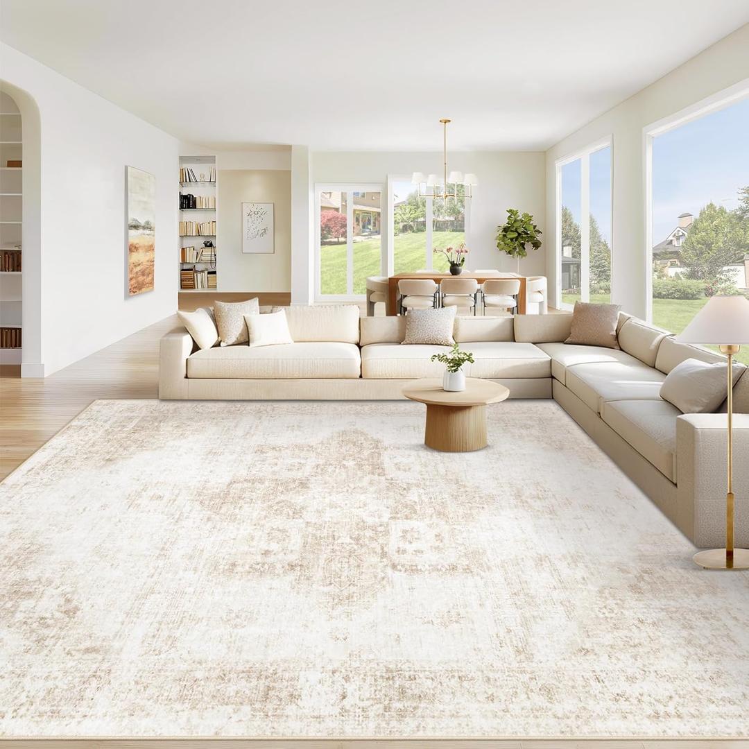 Area Rug 10x12 Washable Rug, Vintage Boho Medallion Rugs Non-Slip Soft Low Pile Large Distressed Rug Indoor Retro Carpet for Living Room Bedroom Dining Room Home Office (Beige, 10'x12')