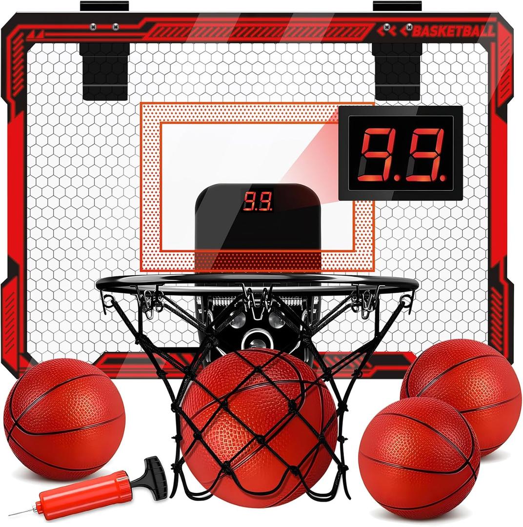 Indoor Basketball Hoop for Kids, Over The Door Mini Hoop with LED Light & Scoreboard - Easy Install & Safe for Doors, Birthday for 5 6 7 8 9 10+ Year Old Boys (Red)