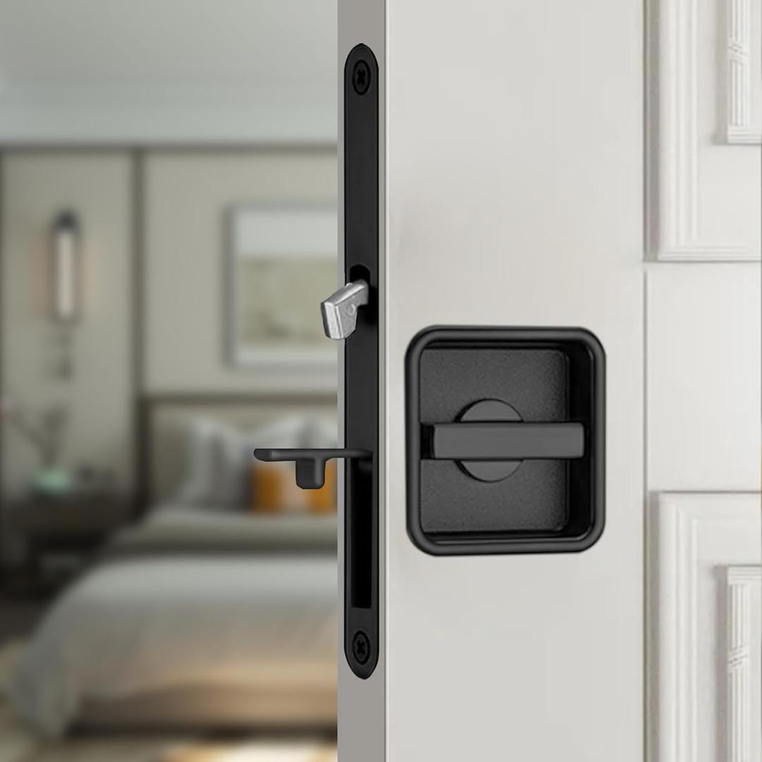 Pocket Door Lock Hardware Set - Privacy Handle with Hidden Pull & Recessed Latch, Fit for 1 9/16" to 2" The Thick of Wooden Doors (Square Black)
