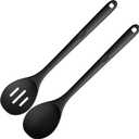 600F Heat Resistant Silicone Spoons: U-Taste 13.3in Solid & Slotted Kitchen Cooking Spoon, Nonstick Long Rubber Utensil, Sturdy for Mixing, Serving, Stirring, Frying, Draining (Black, 2PCS)