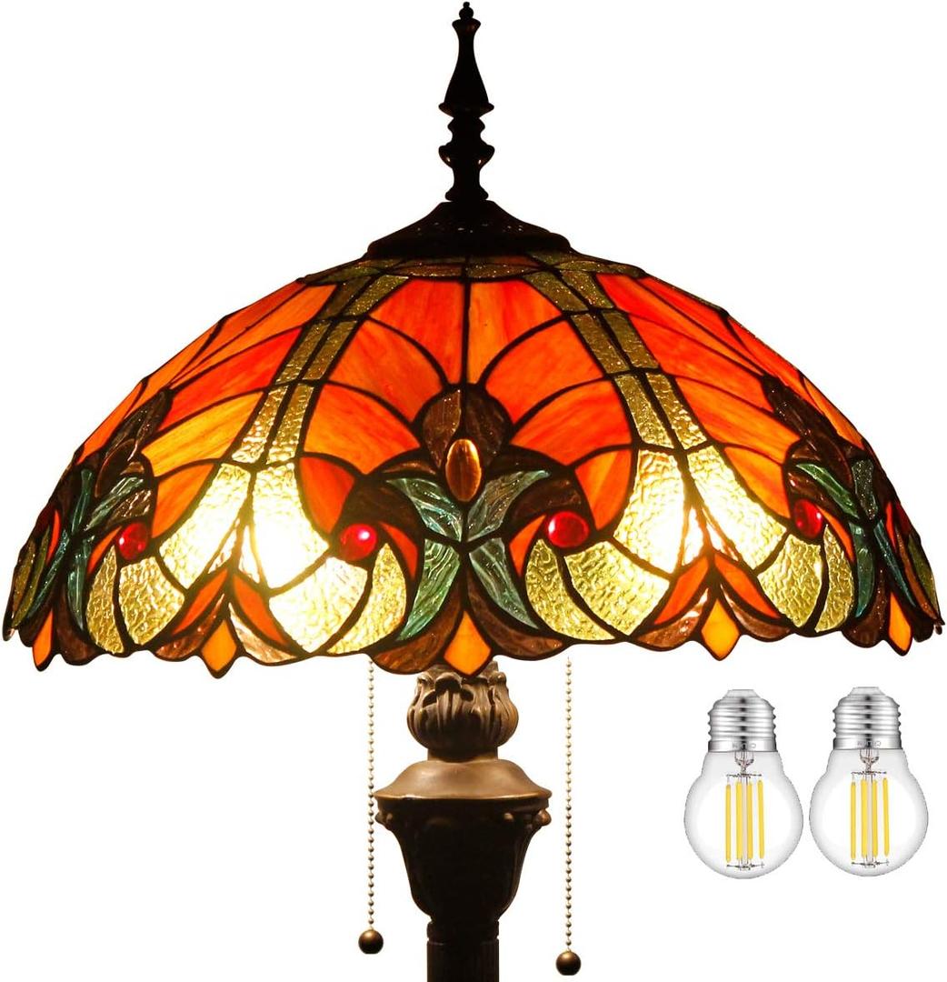 WERFACTORY Tiffany Floor Lamp Red Brown Liaison Stained Glass Standing Reading Light 16X16X64 Inches Antique Pole Corner Lamp Decor Bedroom Living Room Home Office S160R Series