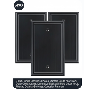 3-Pack Single Blank Wall Plates, Durable Solid Zinc Alloy Blank Outlet Covers, Decorative Black Wall Plate Cover for Unused Outlets/Switches, Corrosion Resistant