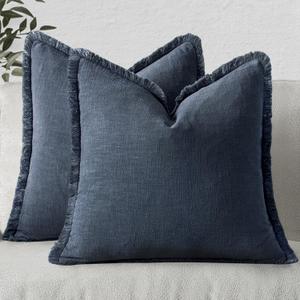 MIULEE Decorative Throw Pillow Covers Neutral Linen Fringe Throw Pillows Set of 2 Indigo Blue Boho Farmhouse Cushion Covers Coastal Decor for Couch Sofa Bed Living Room Spring Decor 18x18 Inch