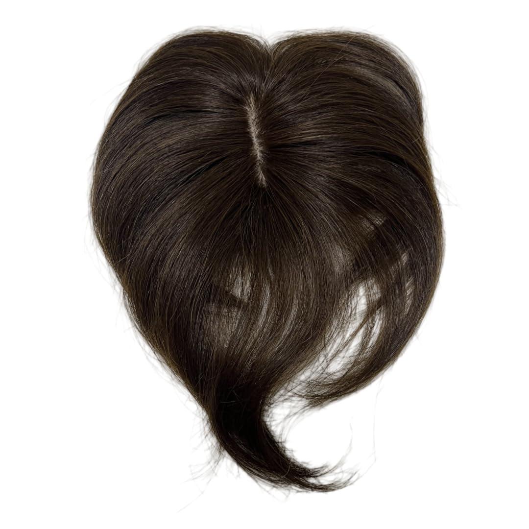 Anemone 6 inch Short Middle Part Straight Real Human Hair Topper Small Thin Clip-in Hair Bangs for Mild Hair Loss Suitable for Women and Men Reddish Tone (Dark Brown)