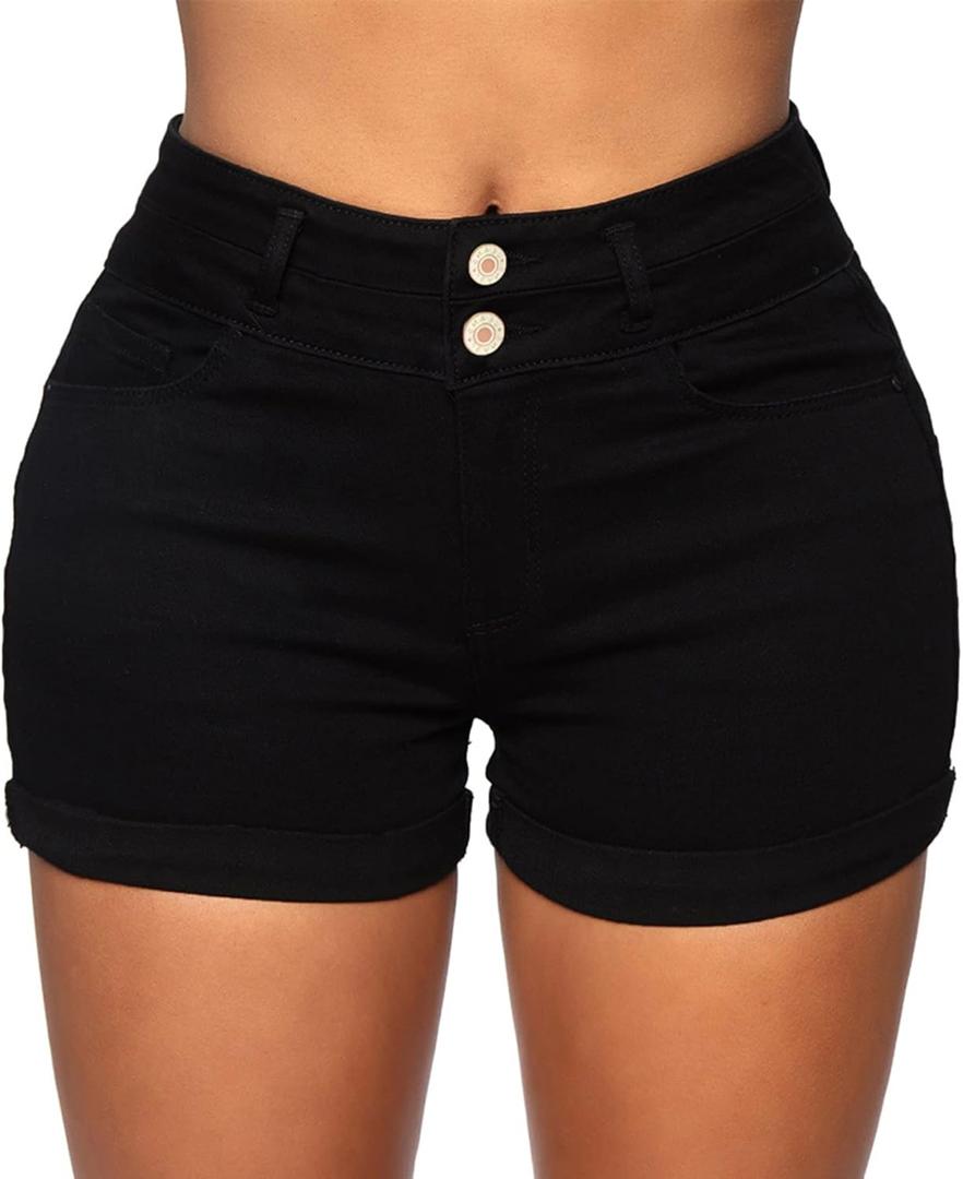 Laeyzuo Women's High Waisted Stretch Jean Shorts Foldead Hem Fashion Denim Shorts (X-Large, 02black)