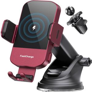 CHGeek Wireless Car Charger, 15W Fast Charging Auto Clamping Car Charger Phone Mount Phone Holder fit for iPhone 15 14 13 12 11 Pro Max Xs, Samsung Galaxy S24 Ultra S23 S22 S21, S20, S10+, Red