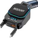MQOUNY Retractable Car Charger,4 in 1 Fast Cars Phone Charger 96W,2 Retractable Cables with Bluetooth 5.3 FM Transmitter Hands-Free Calling,Gift for Men Women, Car Accessories USBC Car Chargers (Black)