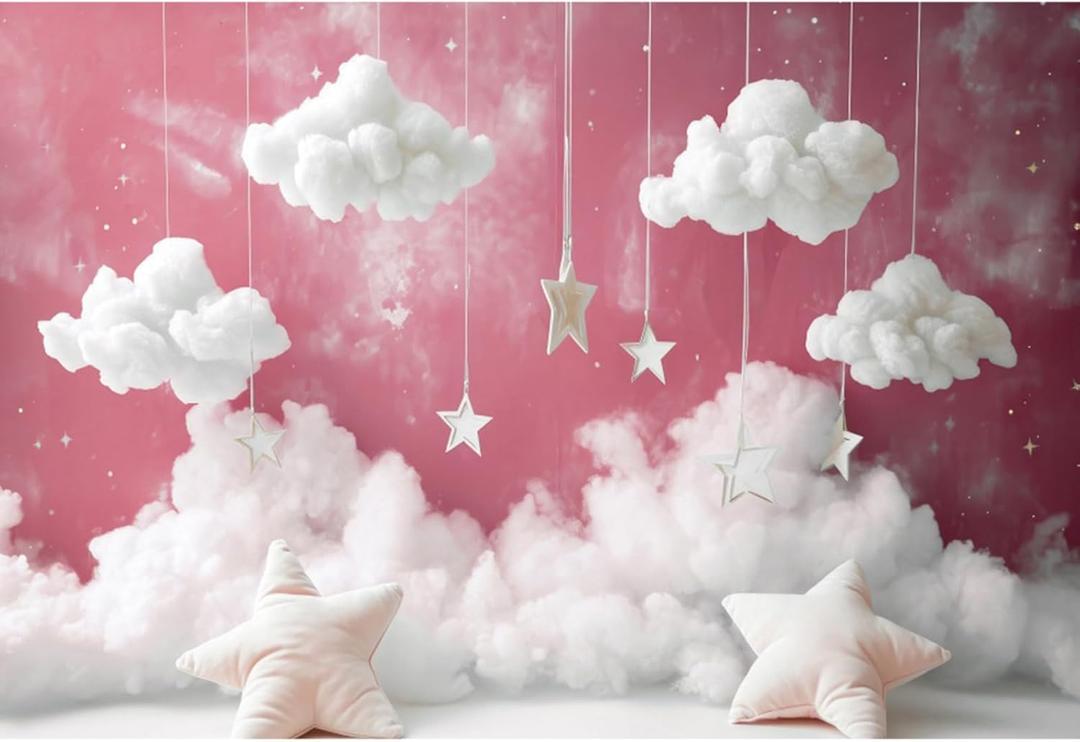YongFoto Cute Sky Clouds Star Pink Backdrop 5x3ft Kids Photography Background Boy Girl Birthday Baby Shower Cradle Ceremony Party Banner Child Portrait Photoshoot Wallpaper Photo Studio Booth Props (5ftx3ft)