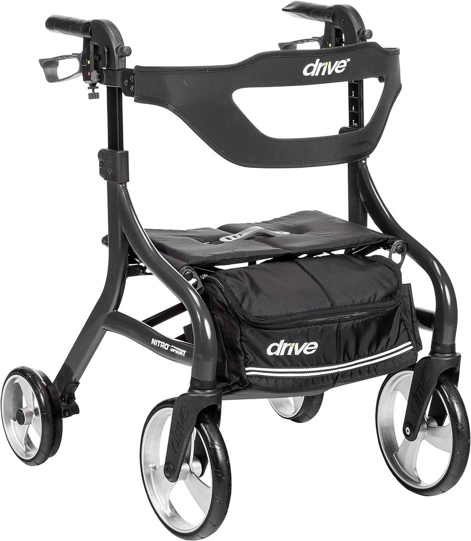 Drive Medical Nitro Sprint Foldable Rollator Walker with Seat, Petite Height Lightweight Rollator with Large Wheels, Folding Rollator, Short Rolling Walker for Seniors and Adults, Black