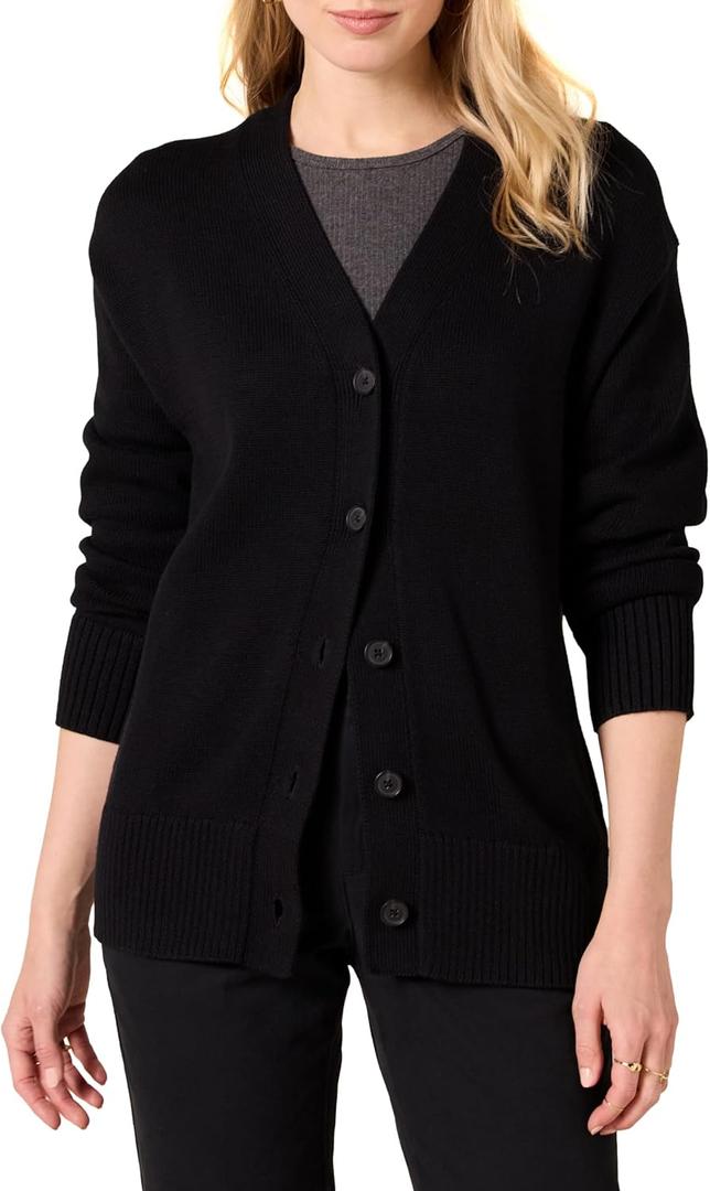 Amazon Essentials Women's V-Neck Midweight Relaxed-Fit Cardigan Sweater (Black) XS