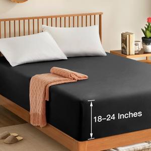 Manyshofu Cal King Extra Deep Pocket Fitted Sheet Only - 1800 Thread Count Hotel Deep Fitted Sheet Up to 24 Inches Mattress, Charcoal Black Bottom Sheet 18-24 Inch Deep Cal King Mattress Sheets
