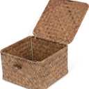 Wicker Shelf Baskets with Lid, Handwoven Seagrass Storage Basket Bins Square Gift Boxes for Shelves Home Decor Organizer (Coffee, X-Small)