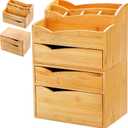 Yopay 2 Pack Bamboo Desk Organizer, Stackable Desktop Organizers with 3 Drawers, Bamboo Office Tabletop, Countertop Organization for Stationery, Makeup Vanity, Fully Assembled