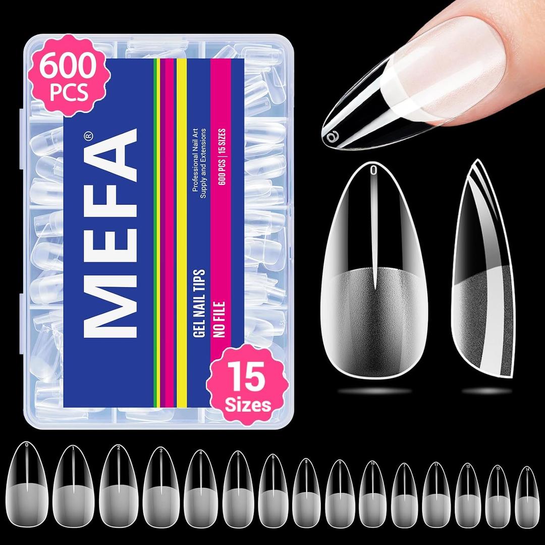 2 x MEFA Nail Tips, Medium Almond 15 Sizes, 600 Pcs Pre-shaped Half Matte Full Cover Acrylic Nail Tips Press on Nails for Nail Extension Home DIY Salon Manicure