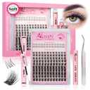 Lash Clusters Kit, DIY Cluster Eyelash Extensions 516mm,144pcs Fluffy D Curl Natural Lashes with Bond and Seal, Remover, Tweezers Natural Fake Cat Eye Individual Manga Clusters 1-5-L