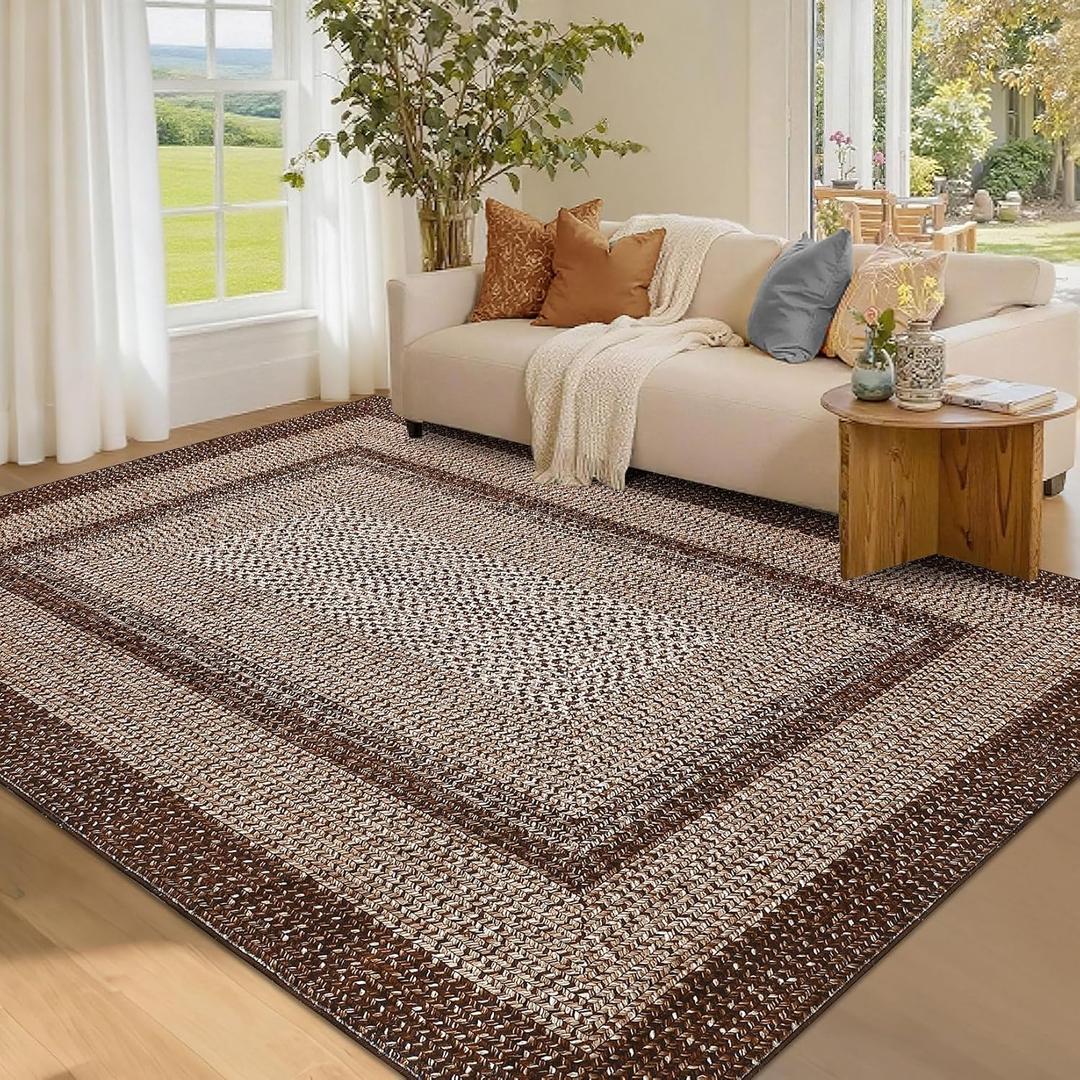 Washable Area Rugs 5x7 Rug for Living Room Non Slip Modern Rug Soft Area Rug for Bedroom Farmhouse Braided Print Throw Rugs Contemporary Stain Resistant Carpet for Dining Room 5'x7' Dark Brown