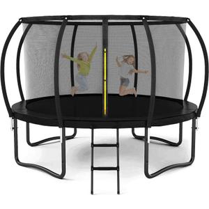 Outdoor Trampoline, Recreational Trampolines for Kids/Adults with Enclosure Net Basketball Hoop, Sprinkler, Curved Poles and Ladder, Anti-Rust Coating, ASTM Approval (12FT, Black)