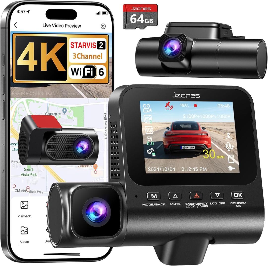 4K 3 Channel Dash Cam Front and Rear, Dash Camera for Cars, STARVIS 2 Sensor Dash Camera with HDR Night Vision, 24H Parking Mode Car Camera with GPS, Loop Recording (Black)