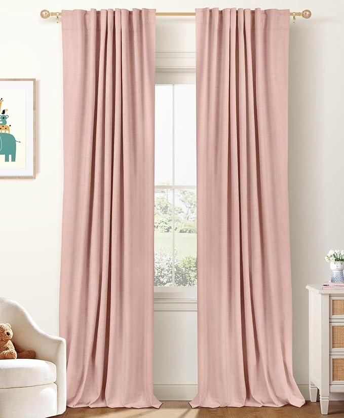 100% Blackout Shield Linen Blackout Curtains for Bedroom 96 Inches Long, Back Tab/Rod Pocket Living Room Drapes, Thermal Insulated Blackout Curtains 2 Panels Set, 50" W x 96" L, Blush Pink