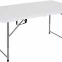 FDW 4FT Folding Table, Portable Fold-in-Half Plastic Picnic Party Table with Carrying Handle (White, 4FT), 48"x24"