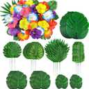142Pcs Luau Party Decorations Fake Plant Palm Leave Monstera With Stems Hibiscus Flowers Artificial Tropical Leaves for Hawaiian Luau Safari Jungle Beach Wedding Birthday Theme Party Table Decorations (XX-Large)