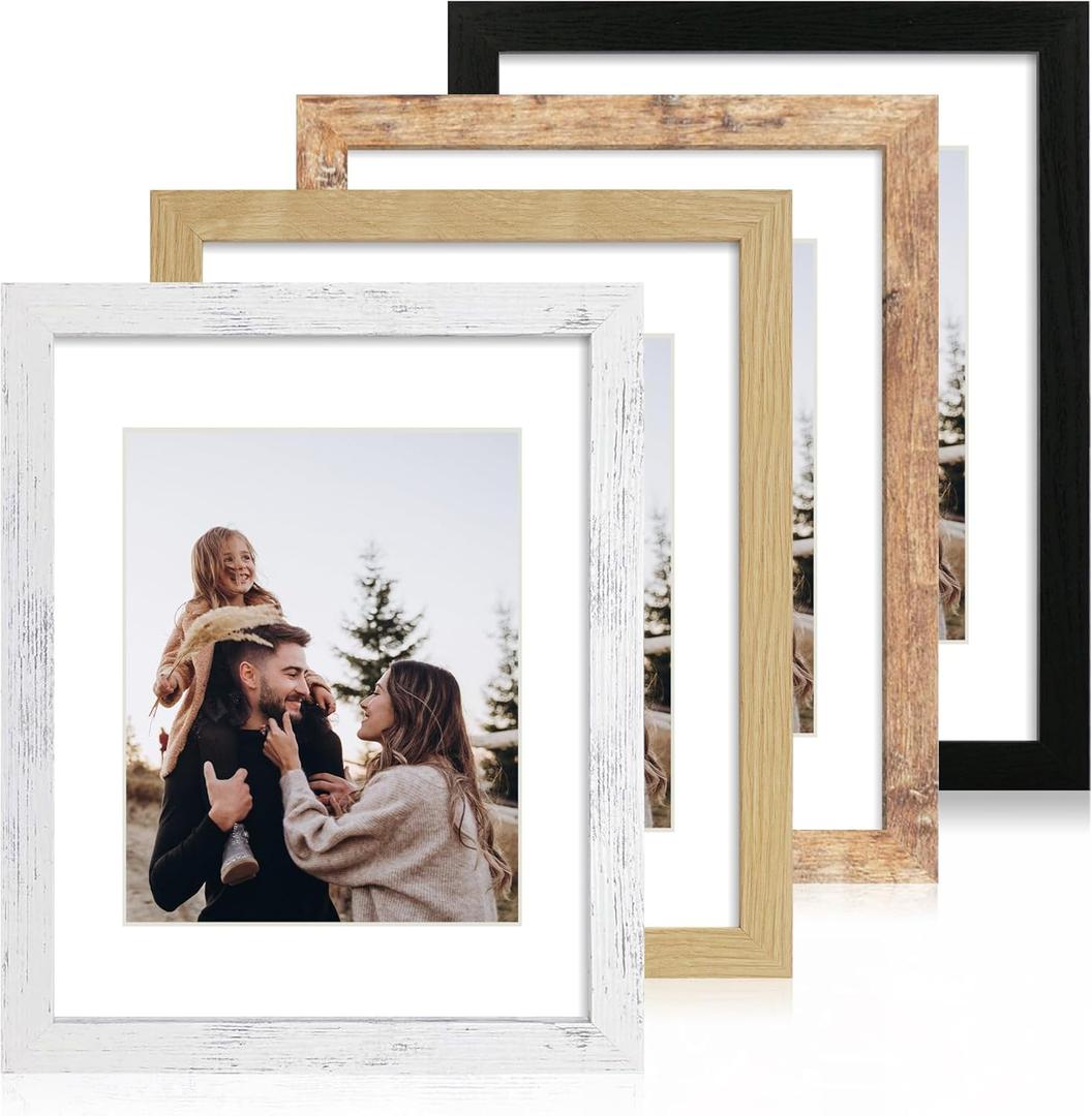 iRahmen 11x14 Picture Frame Set of 4, High Definition Tempered Glass 11 x 14 Frames Display 8x10 Pictures with Mat, Mixed Color Wood Photo Frame Wall Mounting