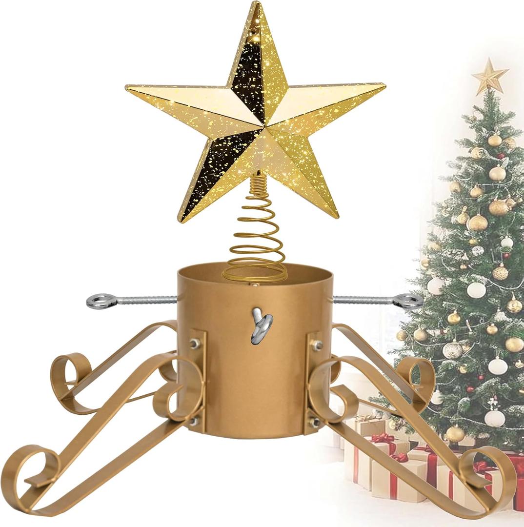 10FT Christmas Tree Stand for Real & Artificial Trees, 24" Base Holds up to 10 ft Live Trees & 3D Tree Topper with Timer, 20 Clear Lights & 8 Light Modes (Gold)